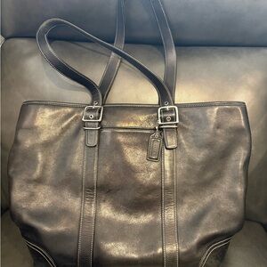 Coach Black Leather Tote with Double Strap and Buckle Details